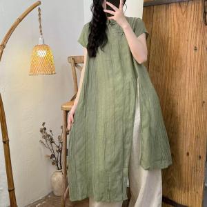 Mandarin Collar Ramie Front Slit Tunic Dress