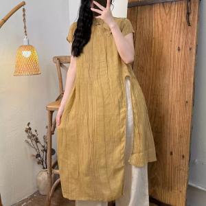 Mandarin Collar Ramie Front Slit Tunic Dress