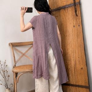Mandarin Collar Ramie Front Slit Tunic Dress