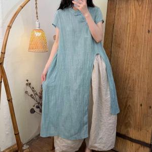 Mandarin Collar Ramie Front Slit Tunic Dress