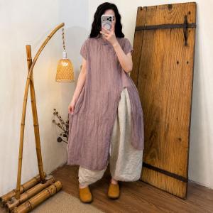 Mandarin Collar Ramie Front Slit Tunic Dress