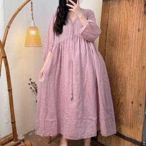 Lace Collar Puff Sleeves Ramie Beach Dress