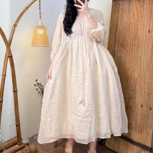 Lace Collar Puff Sleeves Ramie Beach Dress