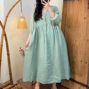 Lace Collar Puff Sleeves Ramie Beach Dress