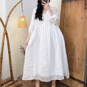Lace Collar Puff Sleeves Ramie Beach Dress