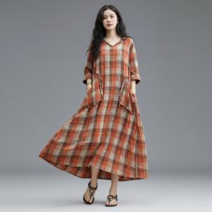 Loose Orange Gingham Hooded Dress