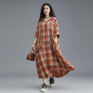 Loose Orange Gingham Hooded Dress