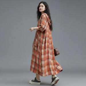 Loose Orange Gingham Hooded Dress