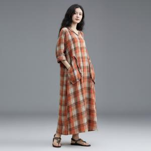 Loose Orange Gingham Hooded Dress