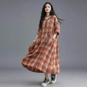 Loose Orange Gingham Hooded Dress