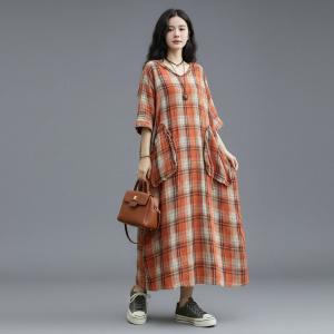 Loose Orange Gingham Hooded Dress
