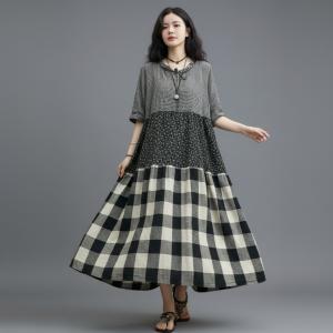 Classic Plaids Cotton Linen Loose Flare Dress