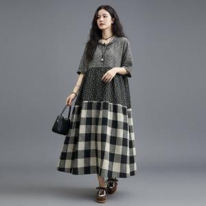 Classic Plaids Cotton Linen Loose Flare Dress