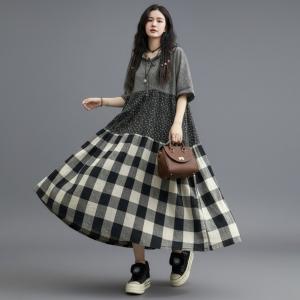 Classic Plaids Cotton Linen Loose Flare Dress