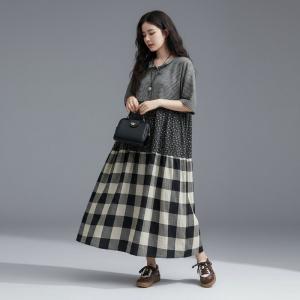 Classic Plaids Cotton Linen Loose Flare Dress