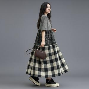 Classic Plaids Cotton Linen Loose Flare Dress