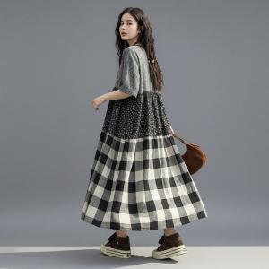 Classic Plaids Cotton Linen Loose Flare Dress
