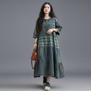 Large Size Dots and Plaids Blue Tiered Dress