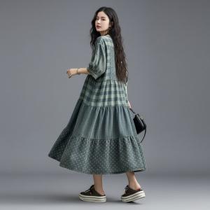 Large Size Dots and Plaids Blue Tiered Dress