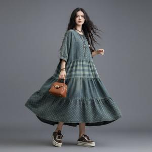 Large Size Dots and Plaids Blue Tiered Dress