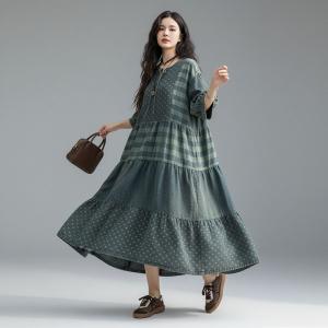 Large Size Dots and Plaids Blue Tiered Dress
