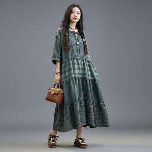 Large Size Dots and Plaids Blue Tiered Dress