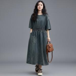 Large Size Dots and Plaids Blue Tiered Dress