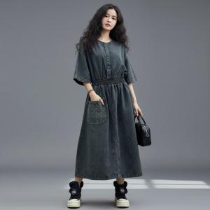 Large Size Dots and Plaids Blue Tiered Dress
