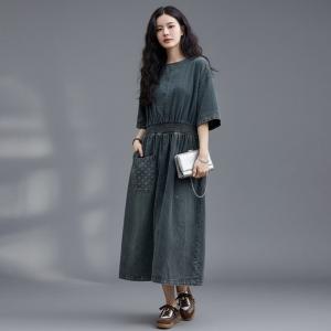 Large Size Dots and Plaids Blue Tiered Dress