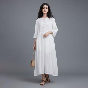 Oriental Chic Ramie Frog Buttons Embroidered Dress