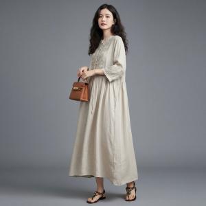 Oriental Chic Ramie Frog Buttons Embroidered Dress