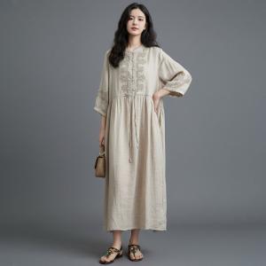 Oriental Chic Ramie Frog Buttons Embroidered Dress