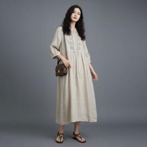 Oriental Chic Ramie Frog Buttons Embroidered Dress
