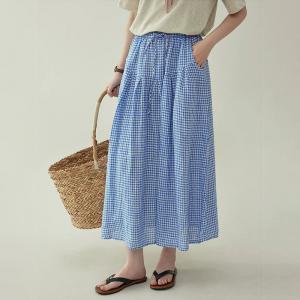 Elastic Tie Waist Plaid Relaxed Fit A Line Midi Skirt