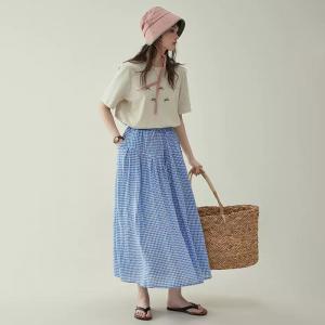 Elastic Tie Waist Plaid Relaxed Fit A Line Midi Skirt