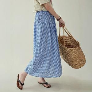 Elastic Tie Waist Plaid Relaxed Fit A Line Midi Skirt