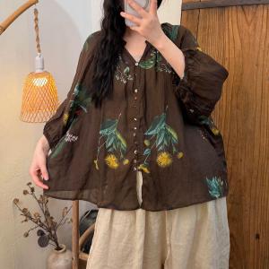 Colorful Flowers Organic Ramie Comfort Blouse