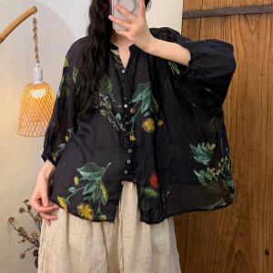 Colorful Flowers Organic Ramie Comfort Blouse
