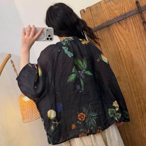 Colorful Flowers Organic Ramie Comfort Blouse