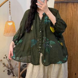 Colorful Flowers Organic Ramie Comfort Blouse
