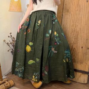 Travel Style Flowers Patterns Ramie Maxi Skirt