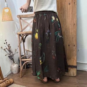 Travel Style Flowers Patterns Ramie Maxi Skirt