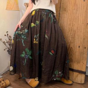 Travel Style Flowers Patterns Ramie Maxi Skirt