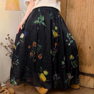 Travel Style Flowers Patterns Ramie Maxi Skirt