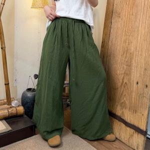Flowers Drawstring Long Cotton Wide Leg Pants