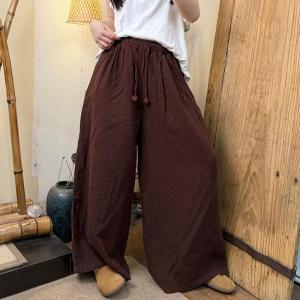 Flowers Drawstring Long Cotton Wide Leg Pants
