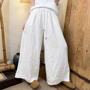Flowers Drawstring Long Cotton Wide Leg Pants