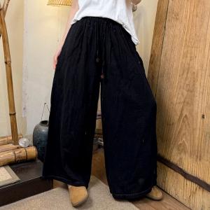 Flowers Drawstring Long Cotton Wide Leg Pants