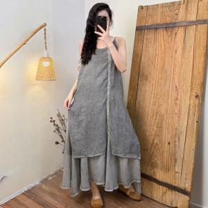 Flouncing Layers Asymmetrical Ramie Slip Dress