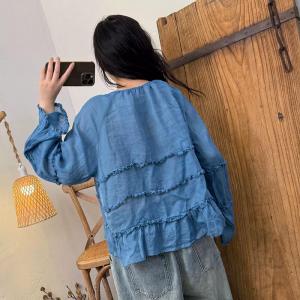 Lace Decoration Puff Sleeve Tied Blouse
